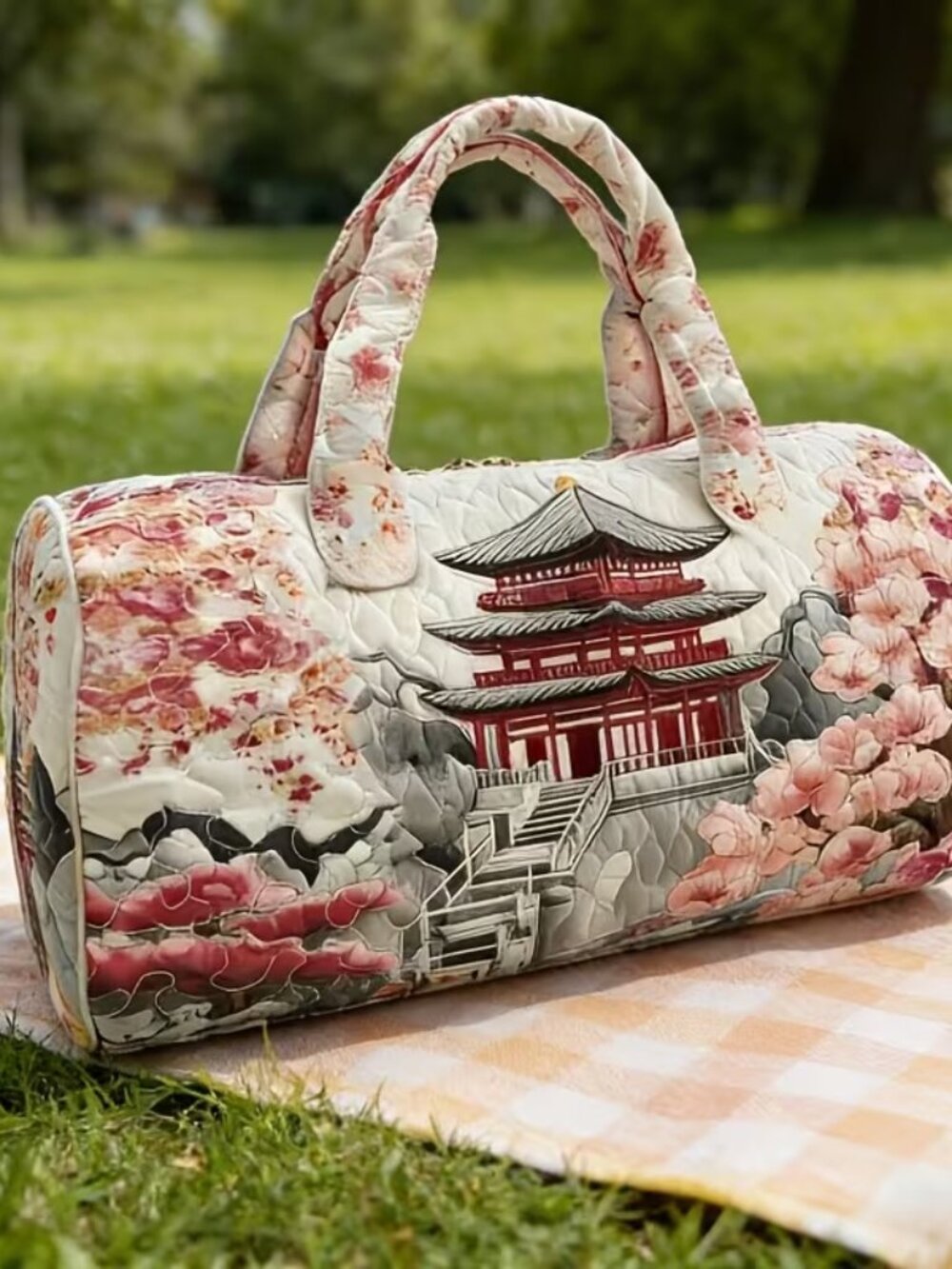 Cherry Blossom Pagoda Duffel Bag Soft Weekender Travel Gym Carryall Bag 16x8" - Picture 4 of 6